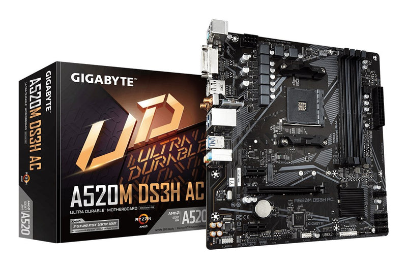 GIGABYTE A520M DS3H AC Motherboard - AMD Ryzen 5000 Series CPUs, 5+3 Phases VRM, up to 4733MHz DDR5 (OC), 1xPCIe 3.0 M.2, GbE LAN, WIFI 5, USB 3.2 Gen