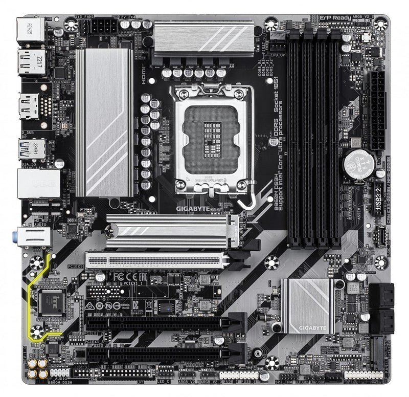 GIGABYTE B860M DS3H Motherboard - Intel Core Ultra Series CPUs, 5+1+2+1 Phases VRM, up to 9066MHz DDR5, 1xPCIe 5.0 + 1xPCIe 4.0 M.2, 2.5GbE LAN, USB 3