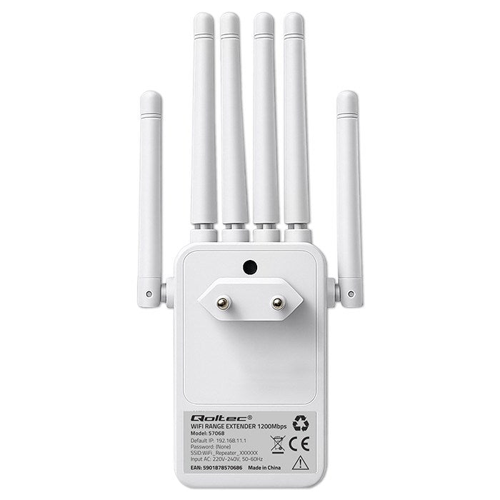 Qoltec 57068 WiFi 5 Signal Booster | Repeater | Access Point | AC1200 | 6 antennas | 2x RJ45 | 128MB