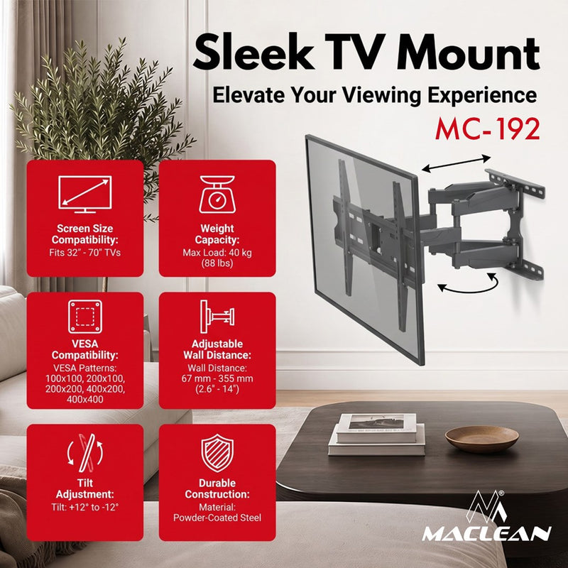 Maclean TV Mount / Bracket, max VESA 400x400, 32-70", up to 40 kg, black, tilt adjustment +12°–-12° and swivel adjustment +60°–-60°, MC-192