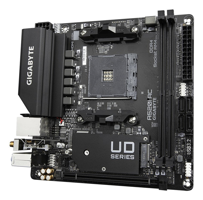 GIGABYTE A520I AC Motherboard - Supports AMD Ryzen 5000 Series AM4 CPUs, 6 Phases Digital VRM, up to 5300MHz DDR4 (OC), 1xPCIe 3.0 M.2, WIFI, GbE LAN,