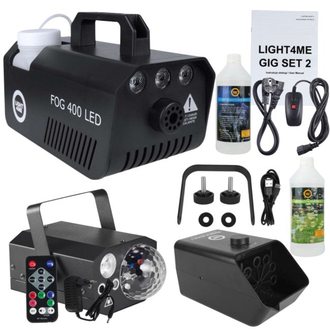 LIGHT4ME GIG Set 2 - set (smoke machine + 1 litre smoke fluid + battery-powered bubble machine + 1 litre bubble fluid + 4-in-1 lighting effect)