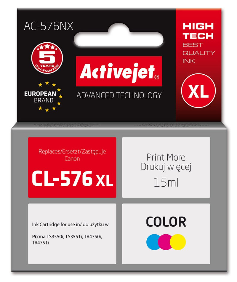 Activejet AC-576NX Canon Druckertinte, Ersatz für Canon CL-576XL; Supreme; 15 ml; Farbe: blau, gelb, magenta