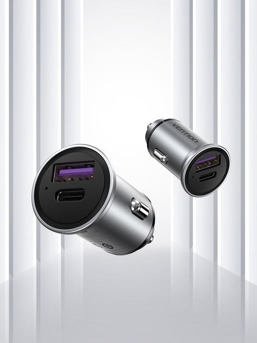 Vention Two-Port USB A+A(30+30) Car Charger Gray Mini Style Aluminium Alloy Type