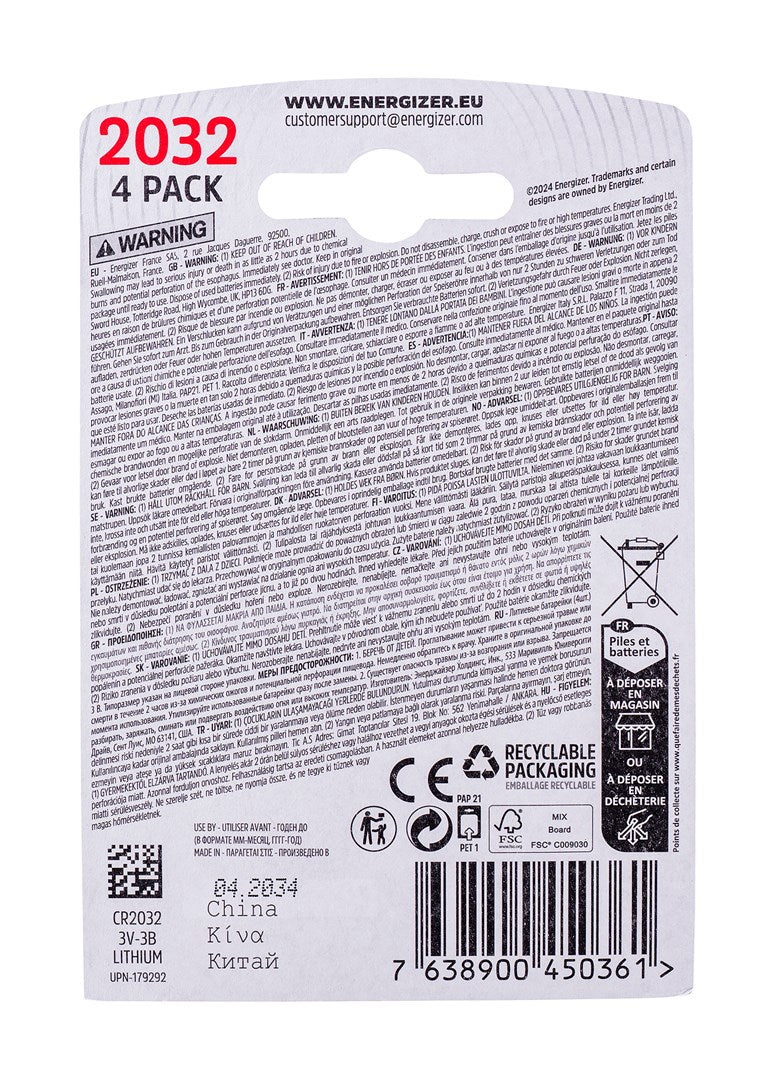 ENERGIZER BATTERY SPECIALIZED CR2032, 4 pieces, 3V, ECO