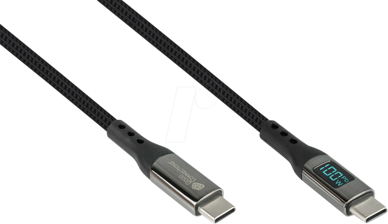 GoodConnections USB-C 2.0 (ST-ST) 1m Anschlusskabel mit Digitalanzeige Textilmantel 100W Schwarz