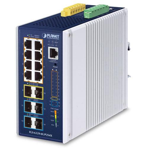 Planet IGS-6329-8UP2S4X IP30 DIN-rail Industrial L3 8-Port 10/100/1000T 802.3bt PoE + 2-port 1G/2.5G SFP + 4-Port 10G SFP+ Full Managed Switch (-40 to 75 C, 8-p