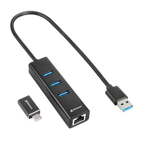 Sharkoon 3-Port USB 3.2 Gen 1 Alu Hub + Ethernet (schwarz)