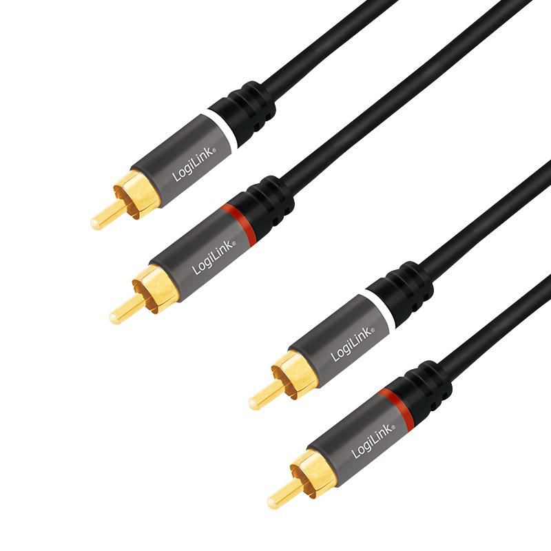 Audio cable, 2x RCA/M to 2x RCA/M, metal, black, 1.5 m