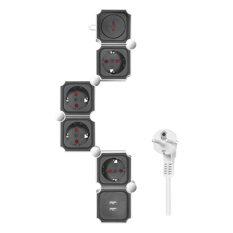 Outlet Strip, 4 safety sockets, snake-shaped, 2x USB-A, white/black