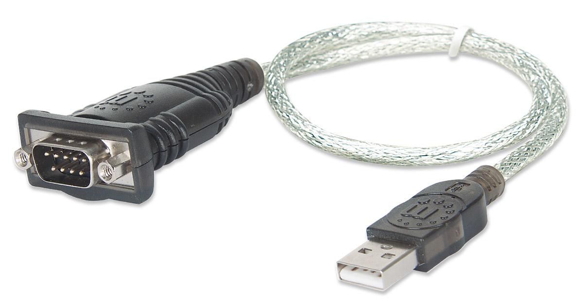 Manhattan USB-A to Serial Converter cable, 45cm, Male to Male, Serial/RS232/COM/DB9, Prolific PL-2303RA Chip, Black/Silver cable, Three Year Warranty,