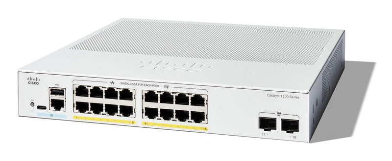 Cisco Catalyst 1200-16P-2G - Switch - L3 - smart - 16 x 10/100/1000 (PoE+) + 2 x Gigabit Ethernet SFP - rack-mountable - PoE+ (120 W)