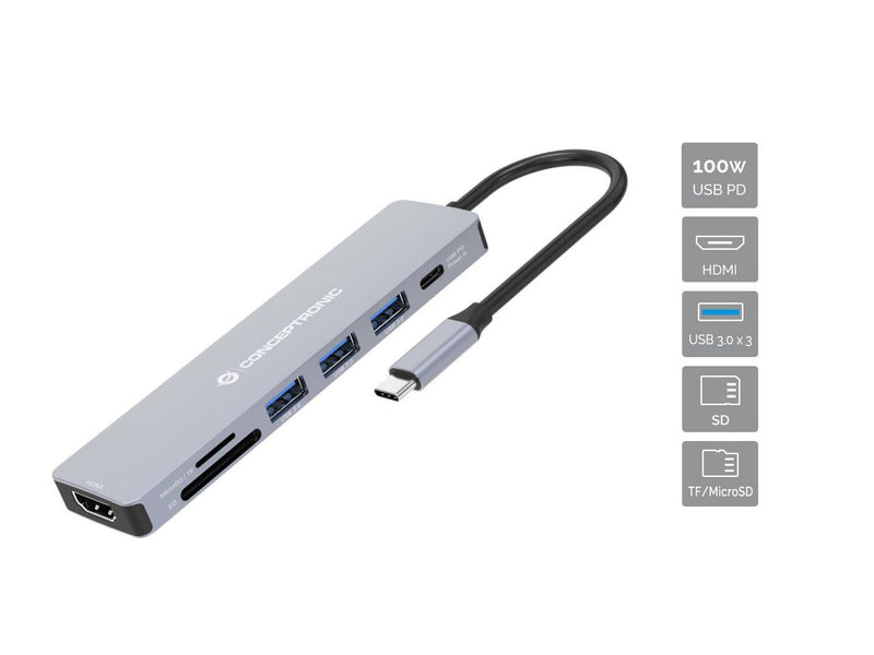 CONCEPTRONIC 7-1 Dock USB-C->HDMI/3xUSB-A/SD/TF/+ 25cm gr