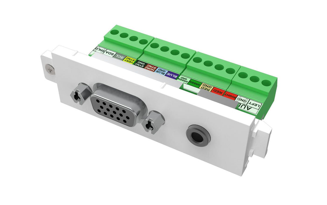 Modular AV faceplate component - VGA and minijack module - female 15-pin VGA and minijack socket for audio on front - bare-wire phoenix connectors on