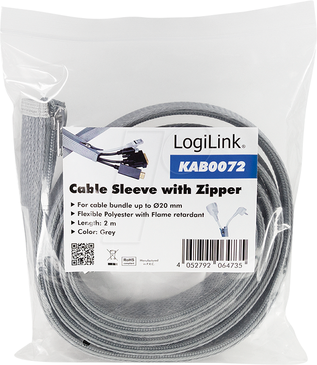 Logilink Cable sleeve with zipper, Polyester, OD: 30 mm, grey, 2 m