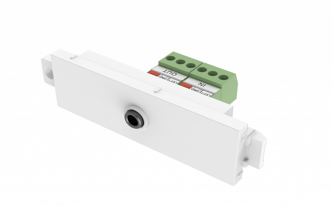 Modular AV faceplate component - 3.5 mm minijack module - for use with stereo audio cable - pass-through terminal on rear - tip ring sleeve - bare-wir