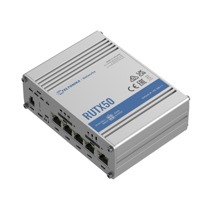 RUTX50 is a robust industrial 5G router equipped with 5x Gigabit Ethernet ports WiFi Dual-SIM GPS a powerful CPU and RutOS software for advanced networking solutions.