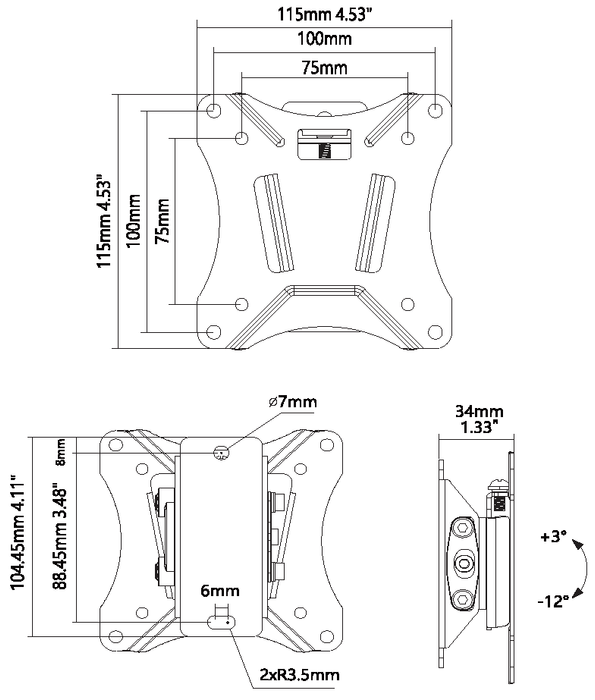 Fits display 10-34" with vesa sizes 75 x 75 or 100 x 100 - tilt -3 to 12 degrees - thumbscrews used to fix display for fast assembly - landscape or po