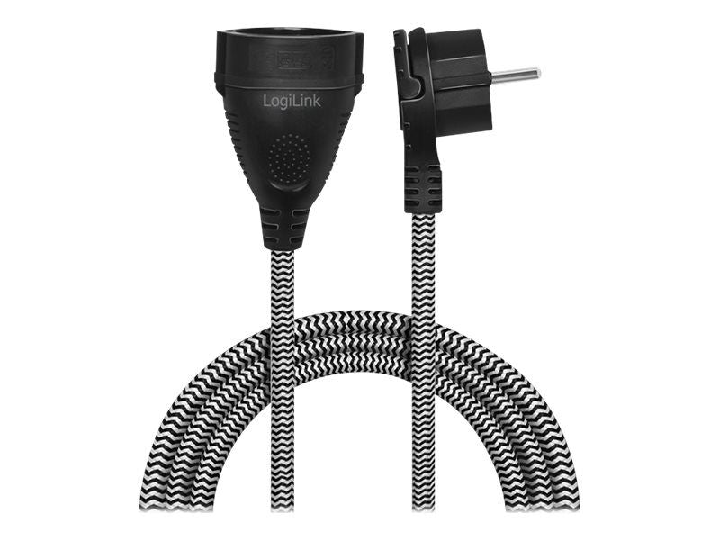 Logilink Power cord extension, CEE 7/7 to CEE 7/3, textile cable, black/grey, 3 m