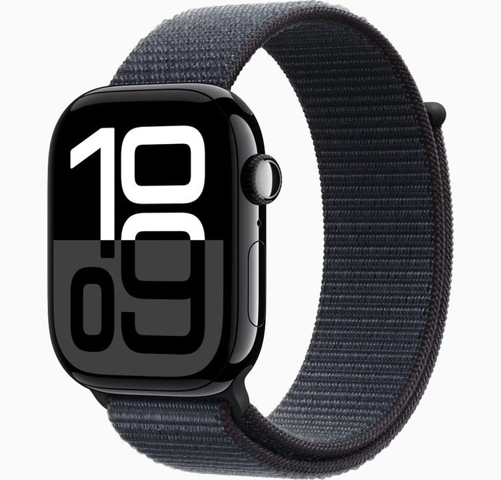 Apple Watch Series 10 (GPS) - 46 mm - jet black aluminium - smart watch with sport loop - soft double-layer nylon - ink - wrist size: 130-200 mm - 64