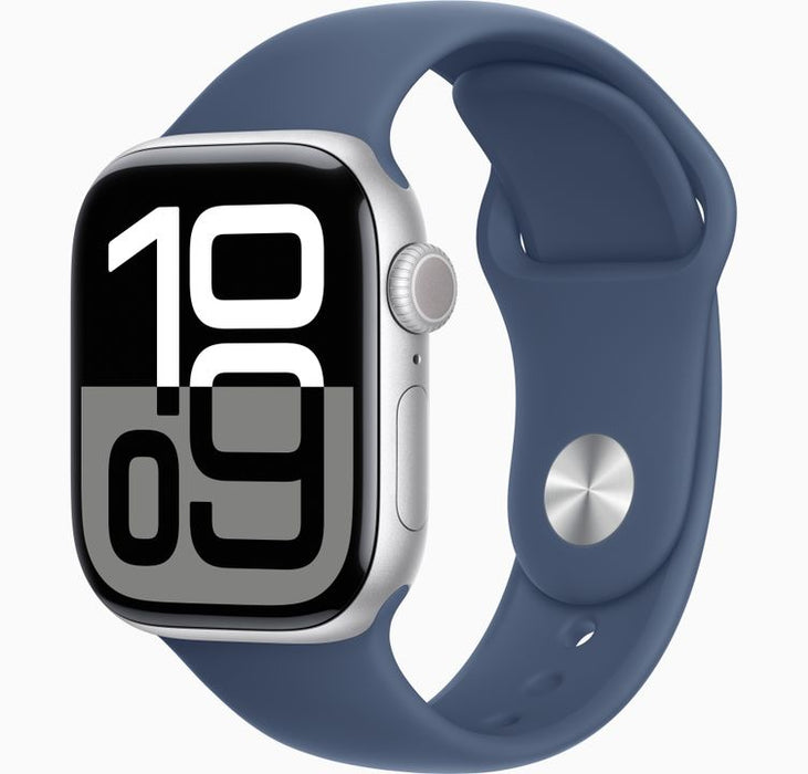 Apple Watch Series 10 (GPS + Cellular) - 42 mm - silver aluminium - smart watch with sport band - fluoroelastomer - denim - band size: M/L - 64 GB - L