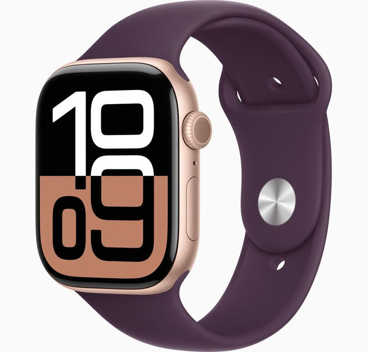 Apple Watch Series 10 (GPS) - 46 mm - rose gold aluminium - smart watch with sport loop - soft double-layer nylon - plum - wrist size: 130-200 mm - 64