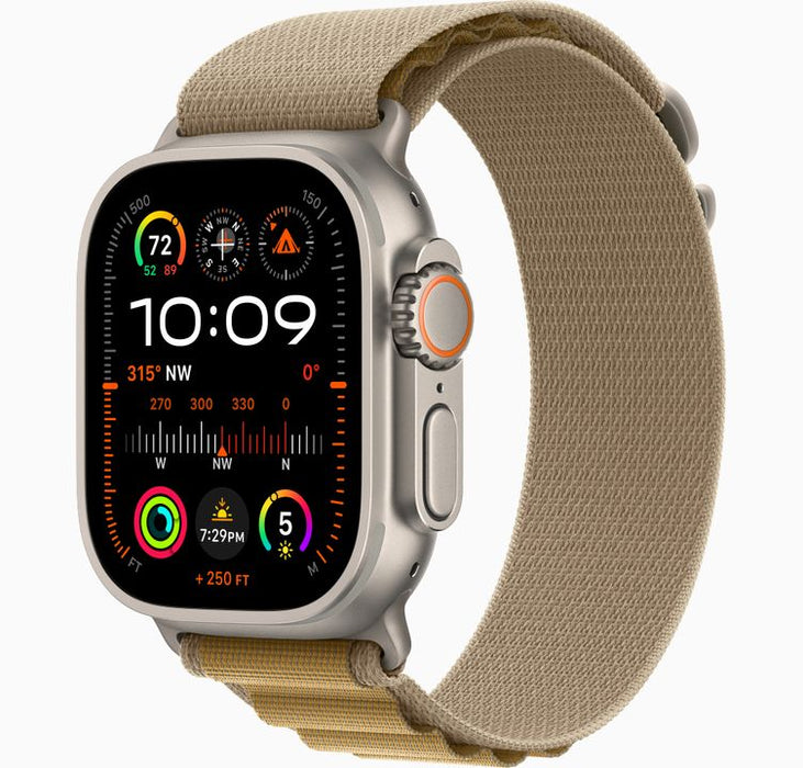 Apple Watch Ultra 2 - 49 mm - natural titanium - smart watch with Alpine Loop - textile - tan - band size: S - 64 GB - LTE, Wi-Fi 4, UWB, Bluetooth -