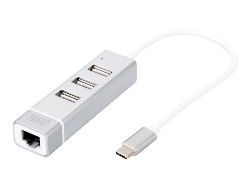 DIGITUS USB Adapter USB2.0/C -> RJ45 Ethernet+3-Port-Hub wei
