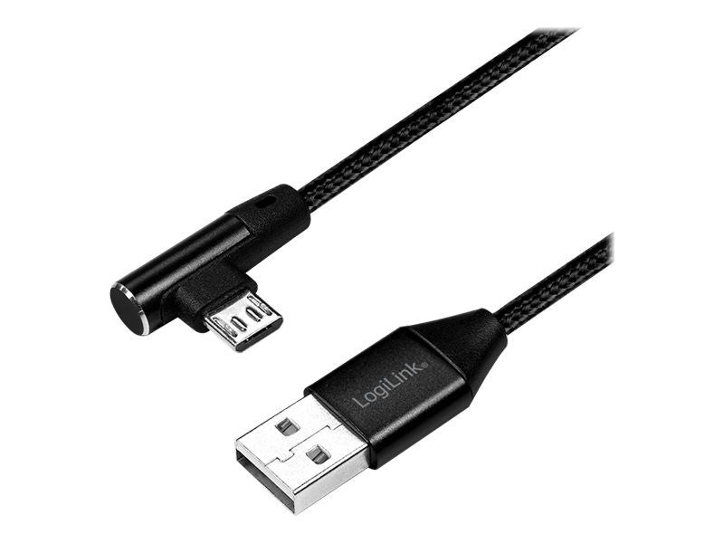 USB 2.0 cable, USB-A/M to Micro-USB/M (90°),fabric, metal, black, 1 m