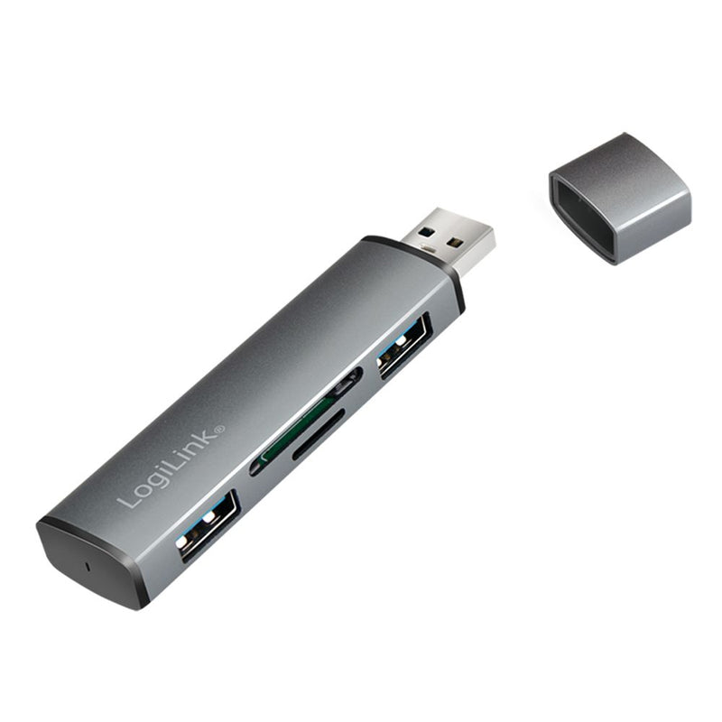Logilink USB 3.2 Gen2 Hub, 2-port, USB-A, w/cardreader, aluminum, grey