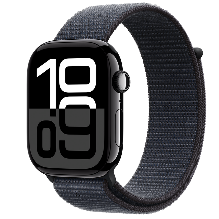 Apple Watch Series 10 (GPS + Cellular) - 46 mm - jet black aluminium - smart watch with sport band - fluoroelastomer - black - band size: S/M - 64 GB