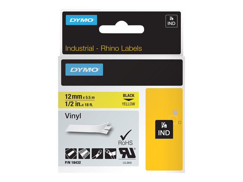 Dymo Rhino Band IND, Vinyl 12 mm x 5,5 m schwarz auf gelb