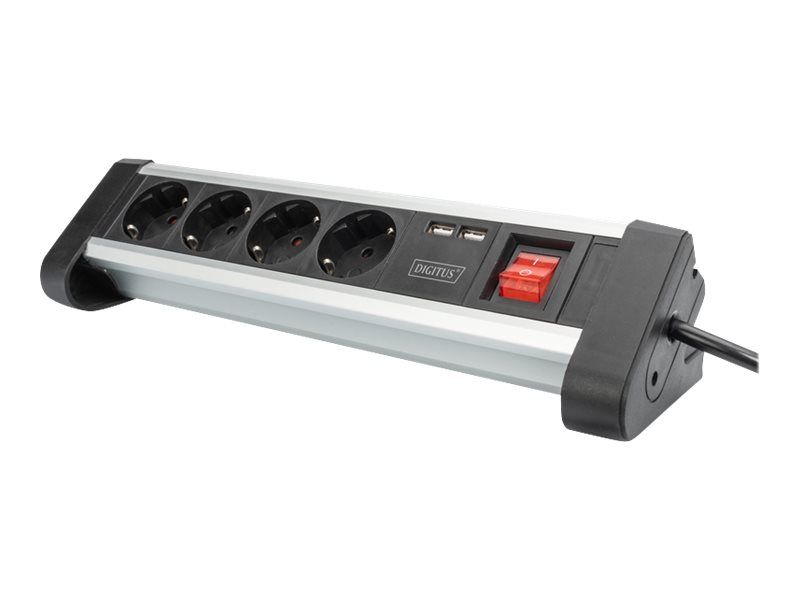 4-way Office Power Strip with 2x USB On/Off Switch, Alu-housing, USB out: 5V/2A, bl/si