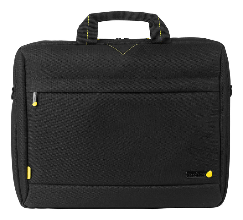 This sleek toploader,with foam protection suits any laptop up to 14.1",and provides plenty of space for your documents and accessories. Comes with comfy shoulder strap.