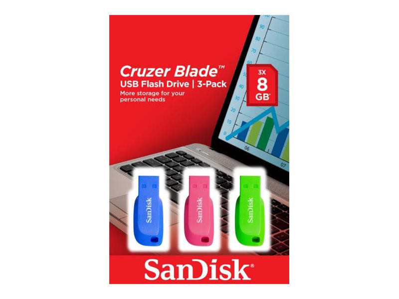 SanDisk Cruzer Blade - USB flash drive - 32 GB - USB 2.0 - blue, green, pink (pack of 3)