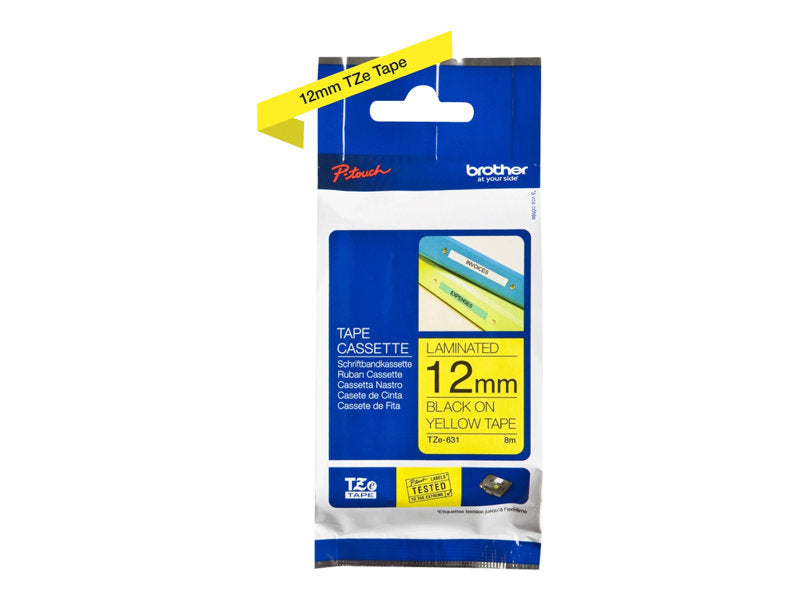 Brother TZe-631 - Self-adhesive - black on yellow - Roll (1.2 cm x 8 m) 1 cassette(s) laminated tape - for Brother PT-H110, P-Touch PT-E310, H200, P-T