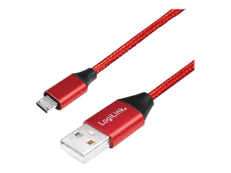 USB 2.0 cable, USB-A/M to Micro-USB/M, fabric, metal, red, 0.3 m