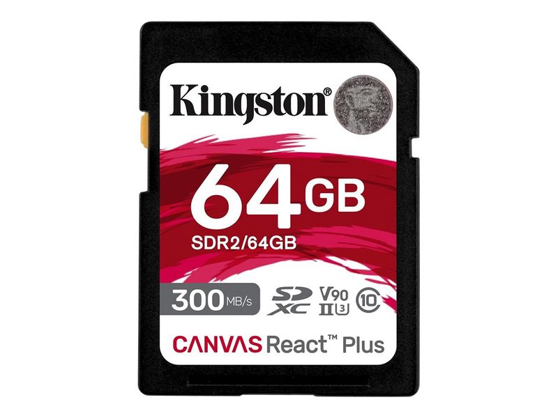 Kingston Technology 64GB Canvas React Plus SDXC UHS-II 300R/260W U3 V90 for Full HD/4K/8K