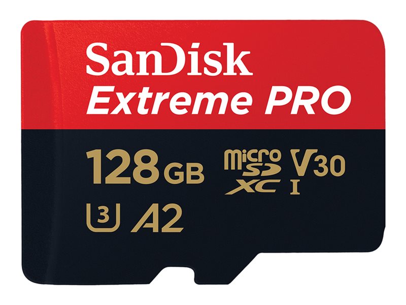 SanDisk Extreme PRO - Flash memory card (microSDXC to SD adapter included) - 128 GB - A2 / Video Class V30 / UHS-I U3 / Class10 - microSDXC UHS-I