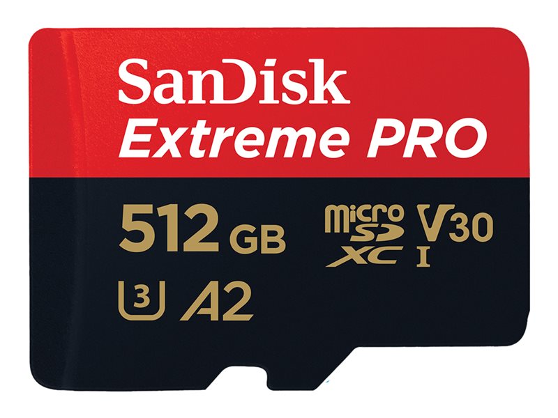 SanDisk Extreme PRO - Flash memory card (microSDXC to SD adapter included) - 512 GB - A2 / Video Class V30 / UHS-I U3 / Class10 - microSDXC UHS-I