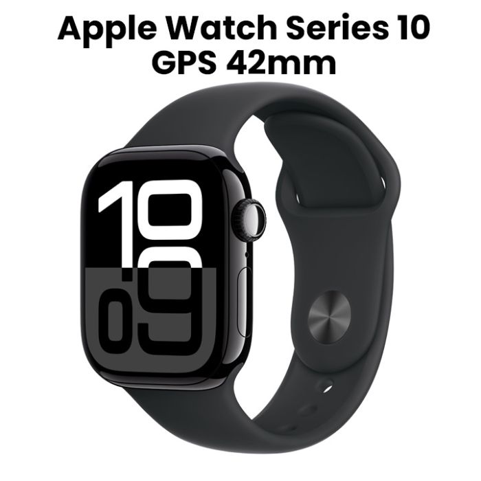 Apple Watch Series 10 (GPS) - 42 mm - jet black aluminium - smart watch with sport band - fluoroelastomer - black - band size: S/M - 64 GB - Wi-Fi 4,
