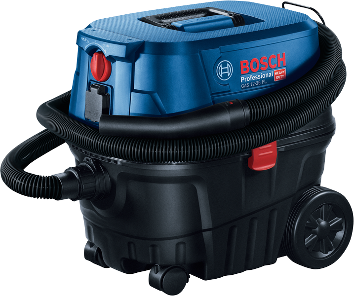 The patented filter cleaning technology of the Bosch GAS12-25PS wet and dry vacuum cleaner improves the uniformity of the suction power reducing the frequency of manual filter cleaning.