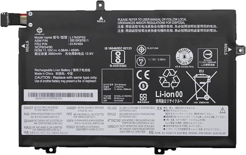 Replacement 3 cell battery for LENOVO ThinkPad L480 L490 L580 L590 L15 replacing OEM part numbers 01AV466 01AV463 01AV464 01AV465 L17C3P52 L17M3P53 L1