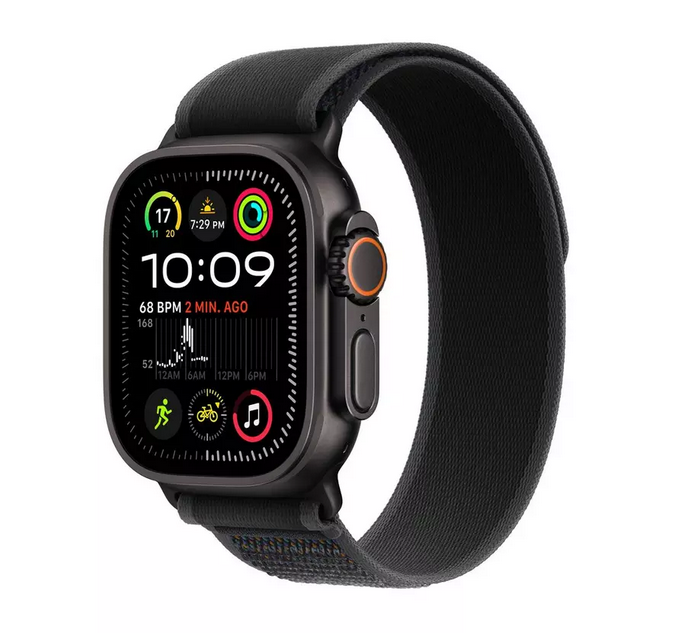 Apple Watch Ultra 2 - 49 mm - black titanium - smart watch with Trail Loop - nylon weave - black - band size: M/L - 64 GB - LTE, Wi-Fi 4, UWB, Bluetoo