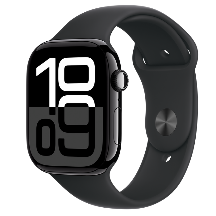 Apple Watch Series 10 (GPS) - 46 mm - jet black aluminium - smart watch with sport band - fluoroelastomer - black - band size: M/L - 64 GB - Wi-Fi 4,