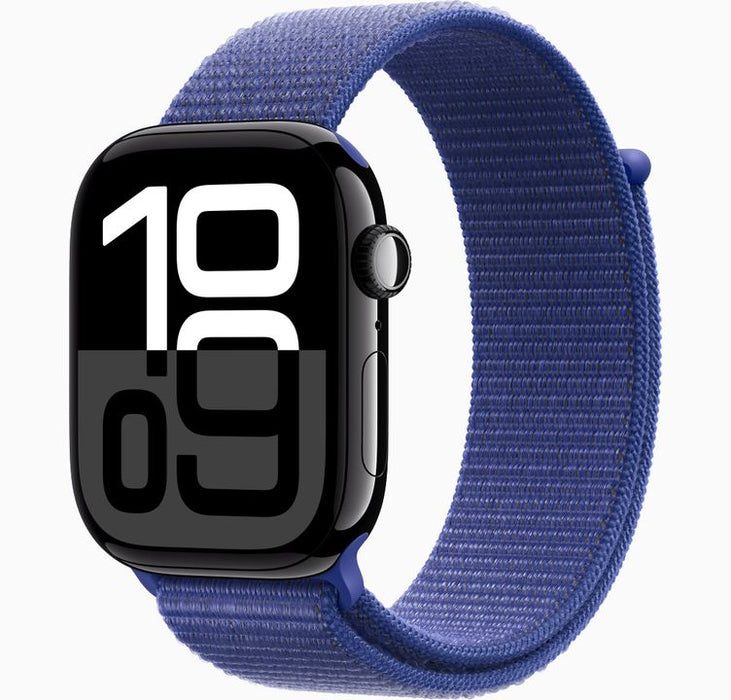 Apple Watch Series 10 (GPS + Cellular) - 46 mm - jet black aluminium - smart watch with sport loop - soft double-layer nylon - ink - wrist size: 130-2
