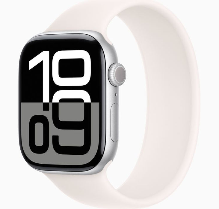 Apple Watch Series 10 (GPS) - 46 mm - silver aluminium - smart watch with sport band - fluoroelastomer - denim - band size: M/L - 64 GB - Wi-Fi 4, UWB