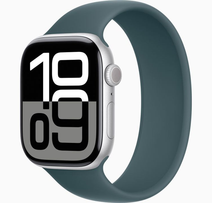 Apple Watch Series 10 (GPS + Cellular) - 46 mm - silver aluminium - smart watch with sport band - fluoroelastomer - denim - band size: S/M - 64 GB - L